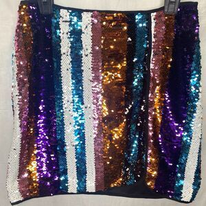 Jun & Ivy Sequin Striped Mini Skirt Womens L Vibrant Rainbow Party Club Date